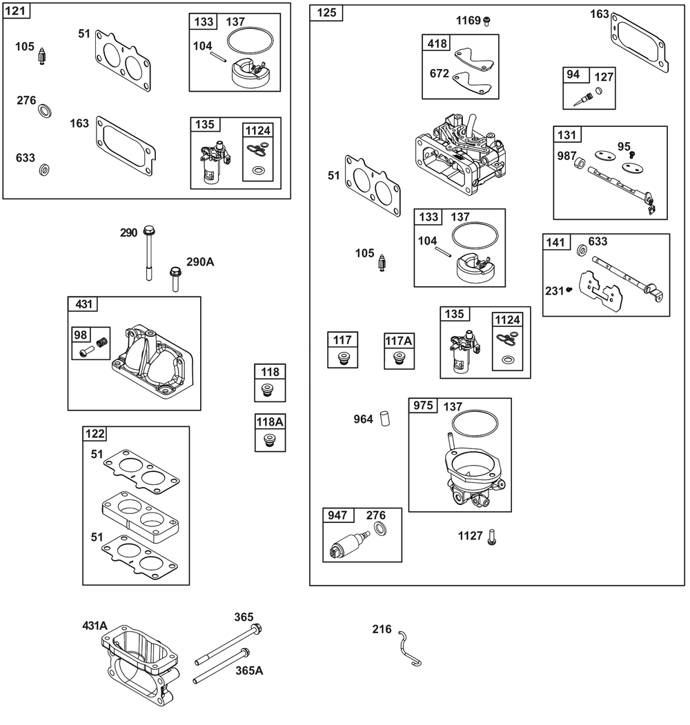 Carburetor Group Diagram and Parts List for 385447-0402-G1  Briggs and Stratton Engine